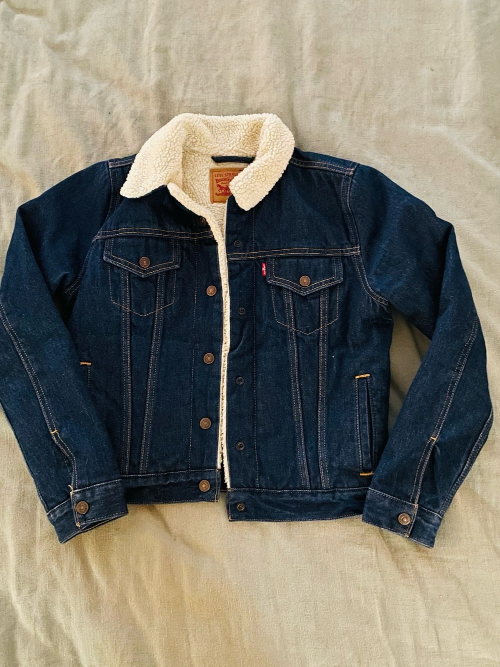 Levi's Women's Dark Blue Denim Jacket with Cream Sherpa Collar